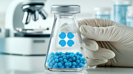 Poster - laboratory technician carefully places blue spheres into glass flask, showcasing scientific experiment. setting is bright and modern, emphasizing precision and innovation