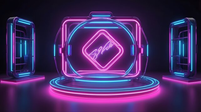 Glowing purple glass ball and bottle, a vibrant 3D illustration with neon lights and liquid effects