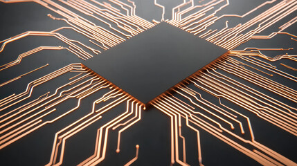 Poster - close up view of microchip surrounded by intricate copper circuit lines, symbolizing advanced technology and innovation. image captures essence of modern electronics and digital transformation