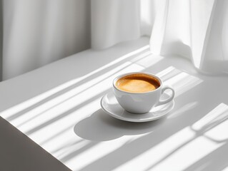 Coffee cup on a white table with natural light and soft shadows.