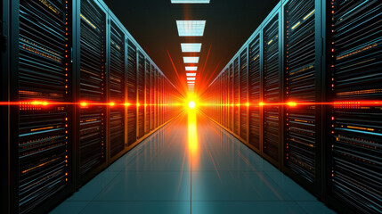 Poster - vibrant data center corridor illuminated by bright lights, showcasing rows of server racks. scene conveys sense of advanced technology and innovation