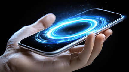 Poster - hand holding smartphone with glowing circular graphic, symbolizing digital technology and innovation. image conveys sense of futuristic interaction and connectivity