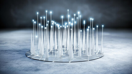 Poster - Futuristic abstract structure with glowing spikes on circular base, representing advanced technology and innovation. scene evokes sense of wonder and creativity