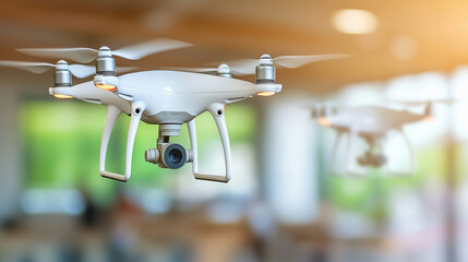 Poster - Innovative delivery drones flying over modern indoor space, showcasing advanced technology and efficiency. These drones represent future of logistics and transportation