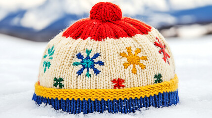 colorful knitted winter hat with pom pom sits on snowy surface, showcasing vibrant snowflake patterns. This cozy accessory adds cheerful touch to winter landscape