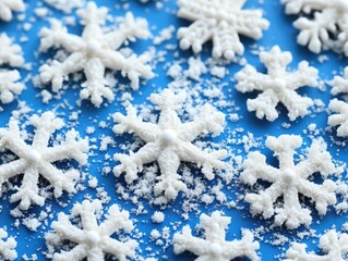 White snowflakes scattered over a blue background. Perfect for holiday decorations, winter themes, and frost concepts.