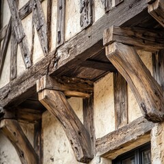 Close-up of a weathered wooden beam on a historic building with exposed beams and stucco walls.