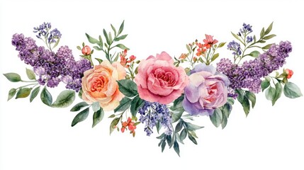 A vibrant watercolor floral arrangement featuring roses and lilacs in soft pastel colors for elegant decor and design inspiration