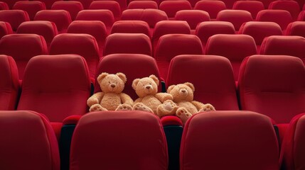 Wall Mural - an adorable scene featuring teddy bears sitting in red cinema seats, creating a whimsical theater at