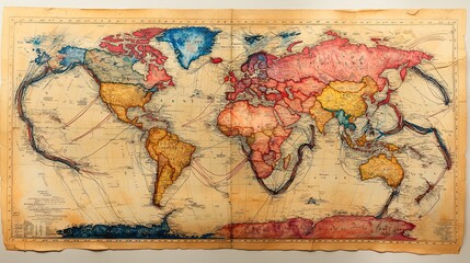 Poster - hand-drawn map of the world with arrows showing trade routes, in multiple colors.illustration