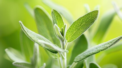 Wall Mural - A stunning closeup of vibrant sage leaves basking in sunlight, showcasing natures beauty in every detail.