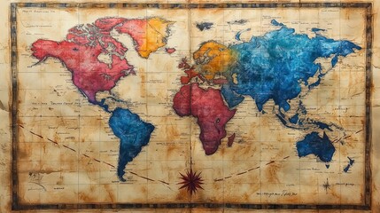 Poster - hand-drawn map of the world with arrows showing trade routes, in multiple colors.stock photo