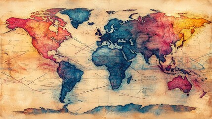 Poster - hand-drawn map of the world with arrows showing trade routes, in multiple colors.