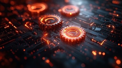 Poster - high-tech business banner featuring gears and digital elements in dark color scheme.illustration
