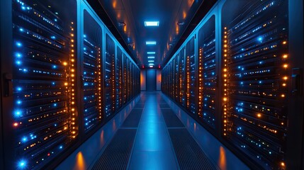 Poster - high-tech dat center with rows of black and blue computer racks, with glowing LED screens illuminating the space.image