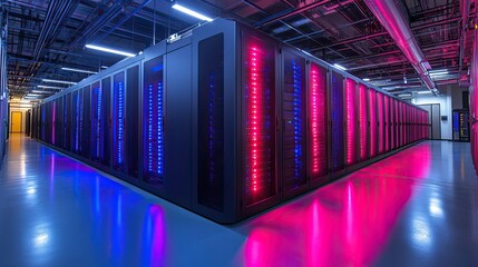 Poster - high-tech dat center with rows of black and blue computer racks, with glowing LED screens illuminating the space.stock photo
