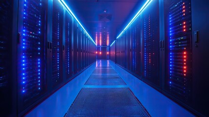 Poster - high-tech dat center with rows of black and blue computer racks, with glowing LED screens illuminating the space.