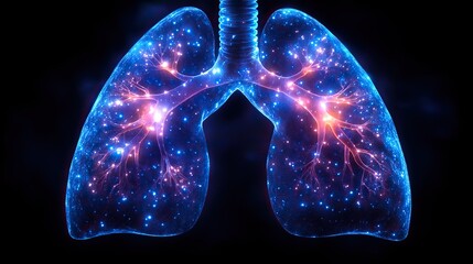 Aufkleber - holographic lung display, representing pneumonia, viral infections, and health hazards, perfect for medical campaign posters or banners for World No Tobacco Day or World Lung Cancer Day.