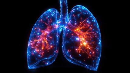 Poster - holographic lung display, representing pneumonia, viral infections, and health hazards, perfect for medical campaign posters or banners for World No Tobacco Day or World Lung Cancer Day.image