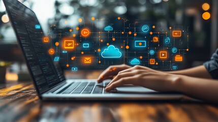 Poster - laptop user interacts with cloud storage icons, symbolizing seamless dat transfer between devices over the internet.illustration