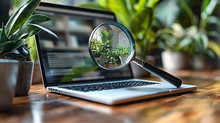 Poster - laptop with magnifying glass focused on real estate website, suggesting detailed online property searches.
