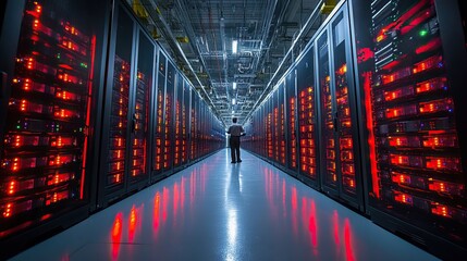 Poster - large dat center with rows of advanced computer equipment, with one person working in the middle.