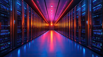 Fototapete - large dat center with rows of black and blue server racks, illuminated by LED lights showcasing advanced equipment.