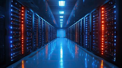 Poster - large dat center with rows of black and blue server racks, illuminated by LED lights showcasing advanced equipment.illustration