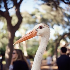 A white stork with an orange beak looks directly at the camera, blurred people in the background.