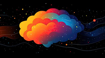 Poster - logo featuring an abstract brain made of colorful lines and dots on black background.stock photo