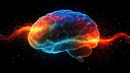 Poster - logo of the human brain is formed from colorful lines on black background, representing creativity and connectivity.illustration