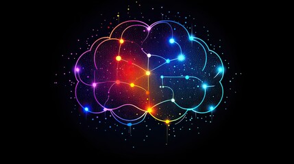 Aufkleber - logo of the human brain, formed by connecting colorful lines and dots on black background, symbolizes intelligence and creativity.illustration