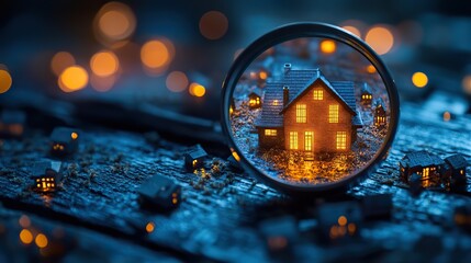 Poster - magnifying glass focuses on glowing house icon, set on blue wooden table with blurred lights in the background, representing property search.