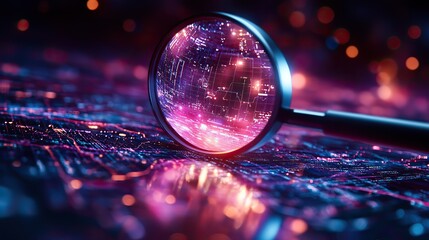 Fototapete - magnifying glass highlighting dat curves and charts, set against purple and blue background, symbolizing in-depth analysis.