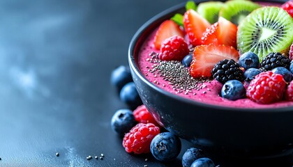 A vibrant smoothie bowl topped with fresh fruits including strawberries, kiwis, and blueberries, on a dark background. Perfect for healthy eating and fruit lovers.