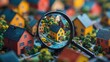 © Thoa - magnifying glass hovers over houses on the horizon, symbolizing real estate and property search concepts in digital style.image