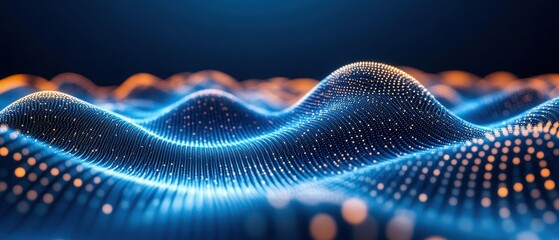 Aufkleber - Abstract digital landscape with glowing blue waves and vibrant dots on a dark background.