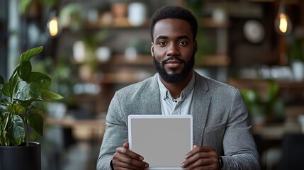 Poster - man holding tablet with blank screen, with the focus on his hands, while seated at desk in blurred background.