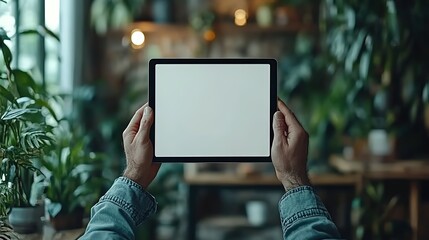 Poster - man holding tablet with blank screen, with the focus on his hands, while seated at desk in blurred background.image