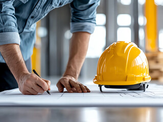 Poster - Architect's precision capturing the details of design as hands sketch and plan with a hard hat nearby