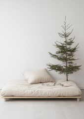 Poster - Minimalist Japanese Bedroom with Futon and Christmas Tree – Ideal for Christmas and New Year Themes