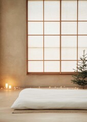 Poster - Minimalist Japanese Bedroom with Futon and Christmas Decor – Perfect for Christmas and New Year Themes