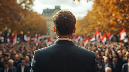 Poster - man in suit standing in front of crowd, with waving flags in the background, viewed from behind.stock photo