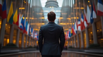 Poster - man in suit standing with government building in the background, with flags waving around him, viewed from behind.image