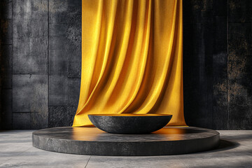 black and gold minimalist product display with curved drape