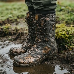 A pair of brown leather hiking boots with laces, covered in mud, stand in a puddle of water.