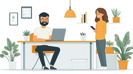 Poster - man sitting at desk with laptop and woman standing next to him holding phone, presented with plain background.illustration