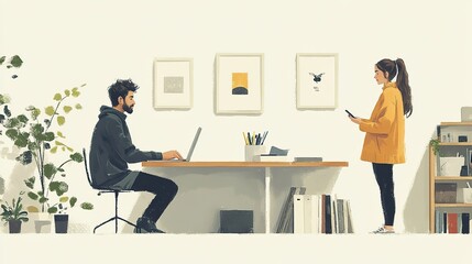Poster - man sitting at desk with laptop and woman standing nearby with phone, illustrated in minimalistic flat