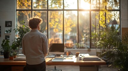 Poster - man standing at modern office table, looking out of large windows in bright, minimalist room.image