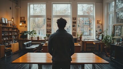 Poster - man standing at table in modern office, viewed from behind, with sleek white walls and black wooden floor.stock photo